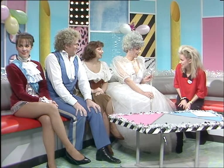 Still from Saturday Superstore Colin Baker, Nicola Bryant, Mary Tamm and Jacqueline Pearce [05/01/85]