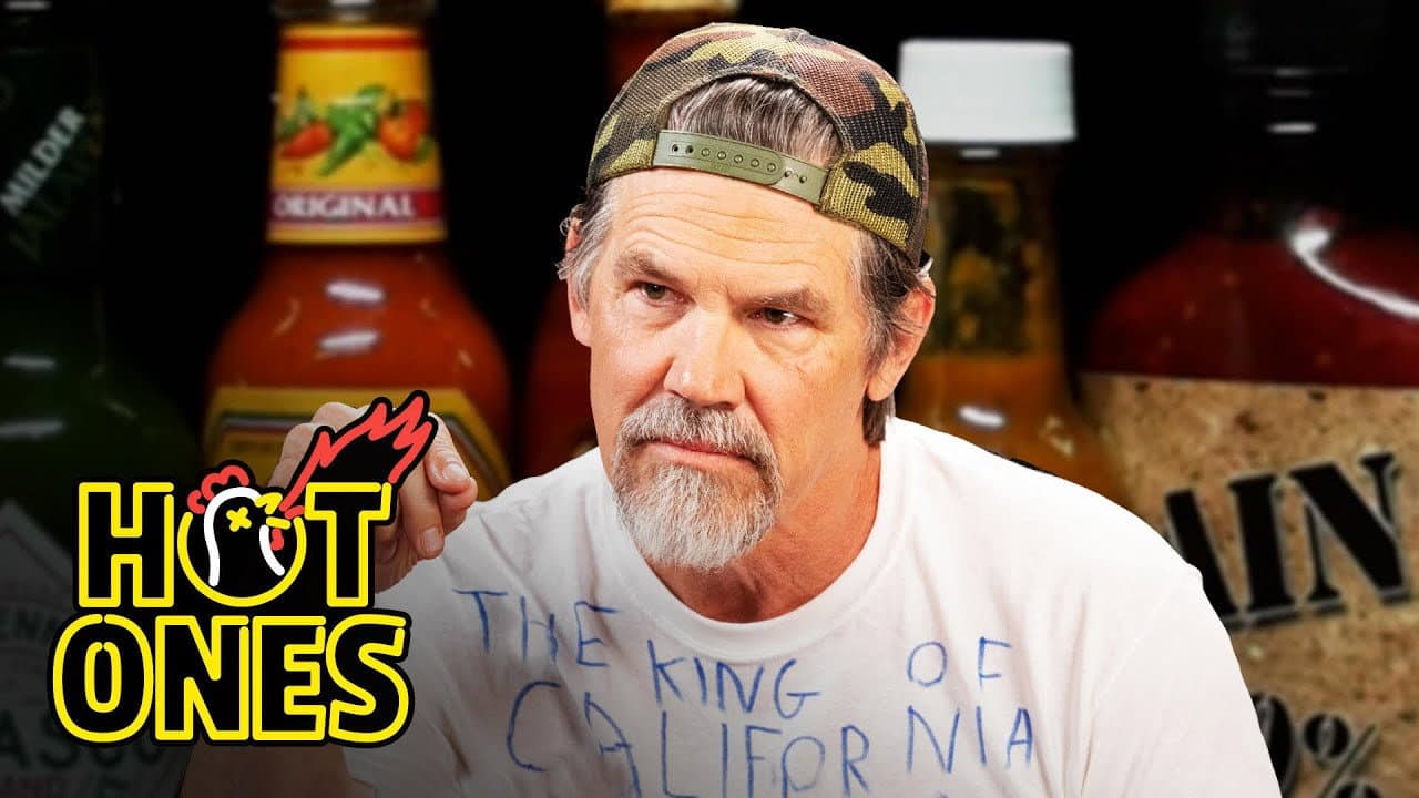 Still from Josh Brolin Licks the Palate of Absurdity While Eating Spicy Wings
