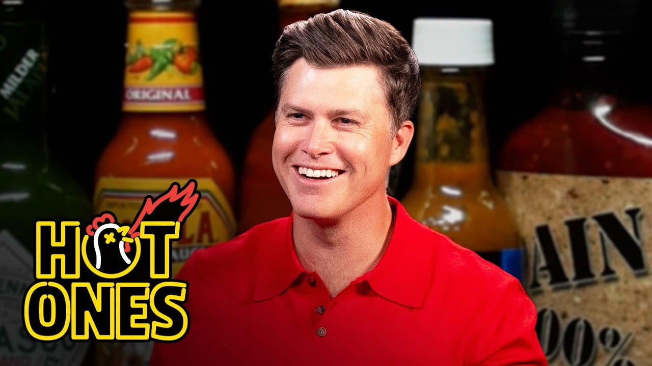 Still from Colin Jost Fights Fire With Fire While Eating Spicy Wings