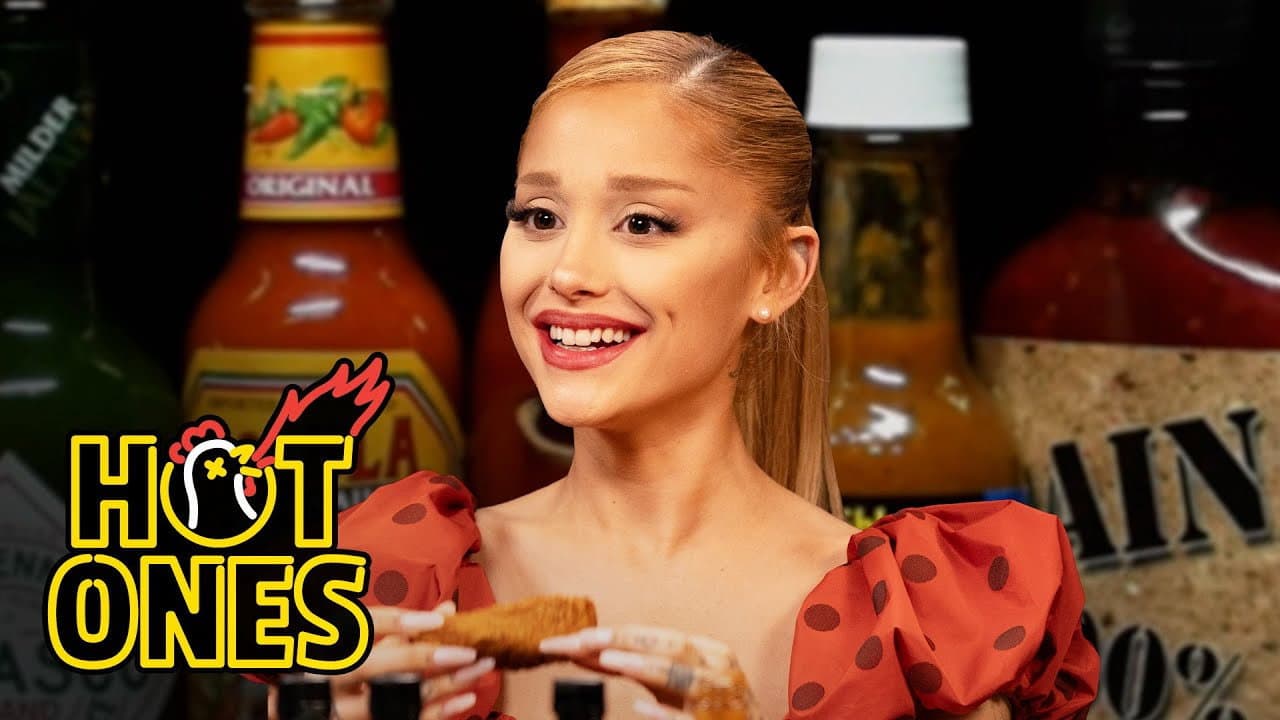Still from Ariana Grande Hits a High Note While Eating Spicy Wings