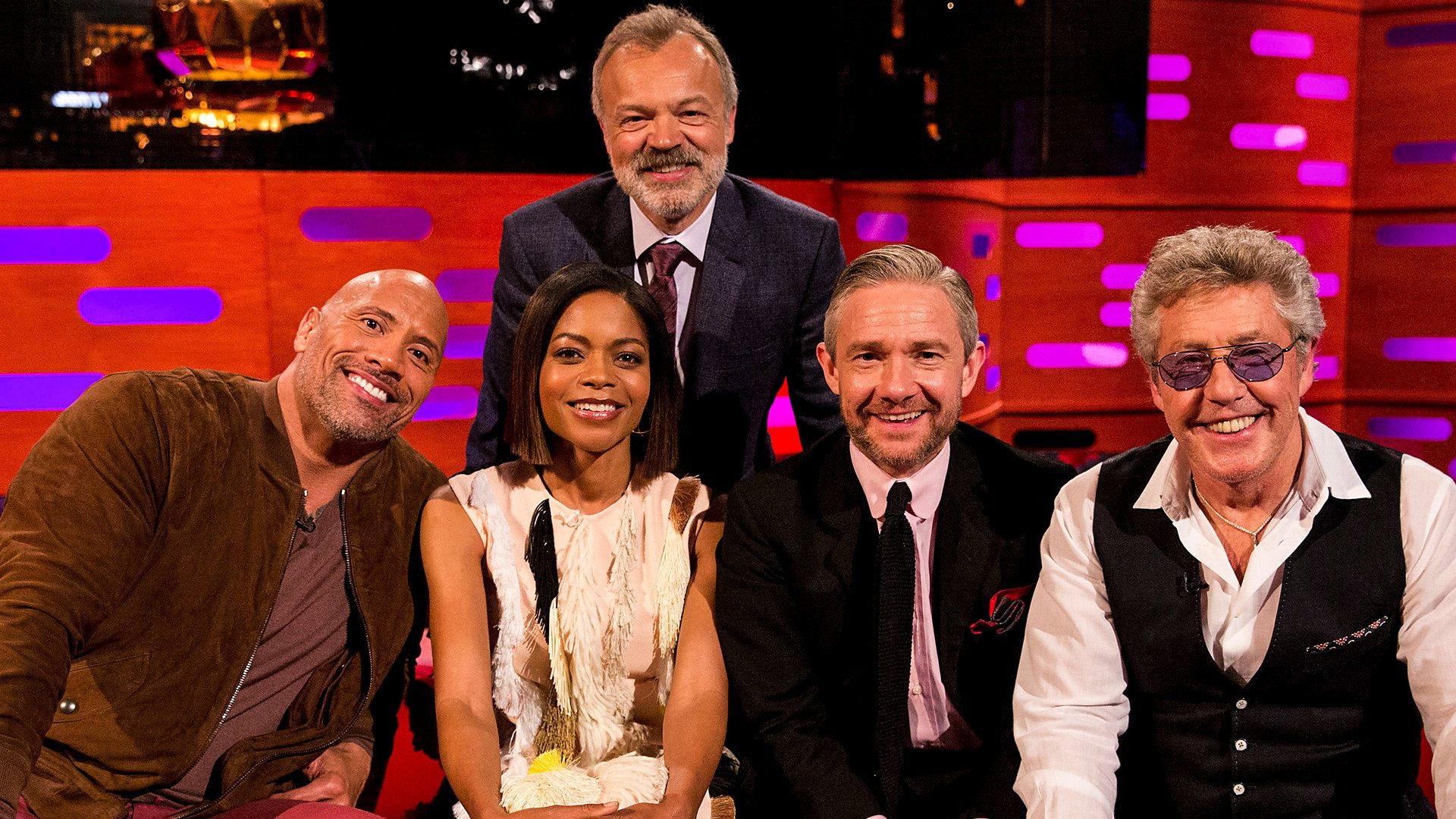 Still from Dwayne 'The Rock' Johnson, Naomie Harris, Martin Freeman, Roger Daltrey