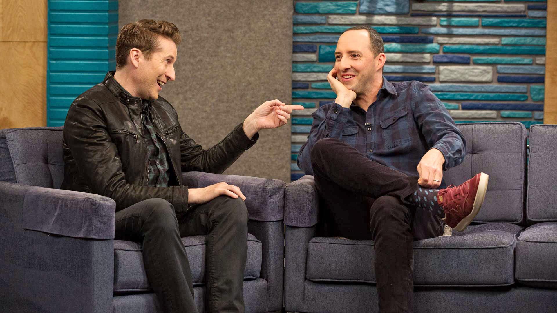 Still from Tony Hale Wears a Blue Flannel Shirt and Fuchsia Sneakers
