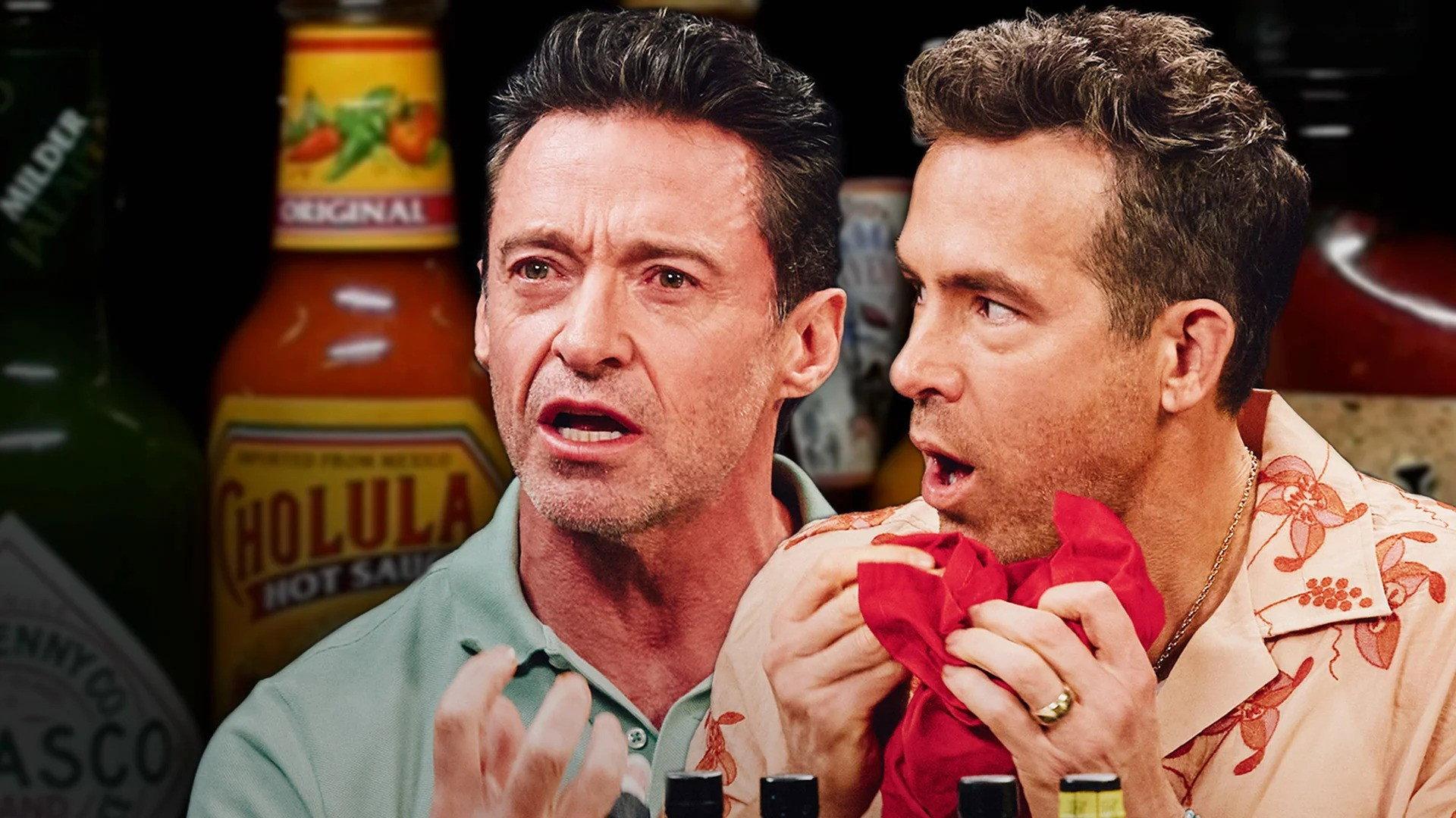 Still from Ryan Reynolds and Hugh Jackman Go Claws Out WHile Eating Spicy Wings