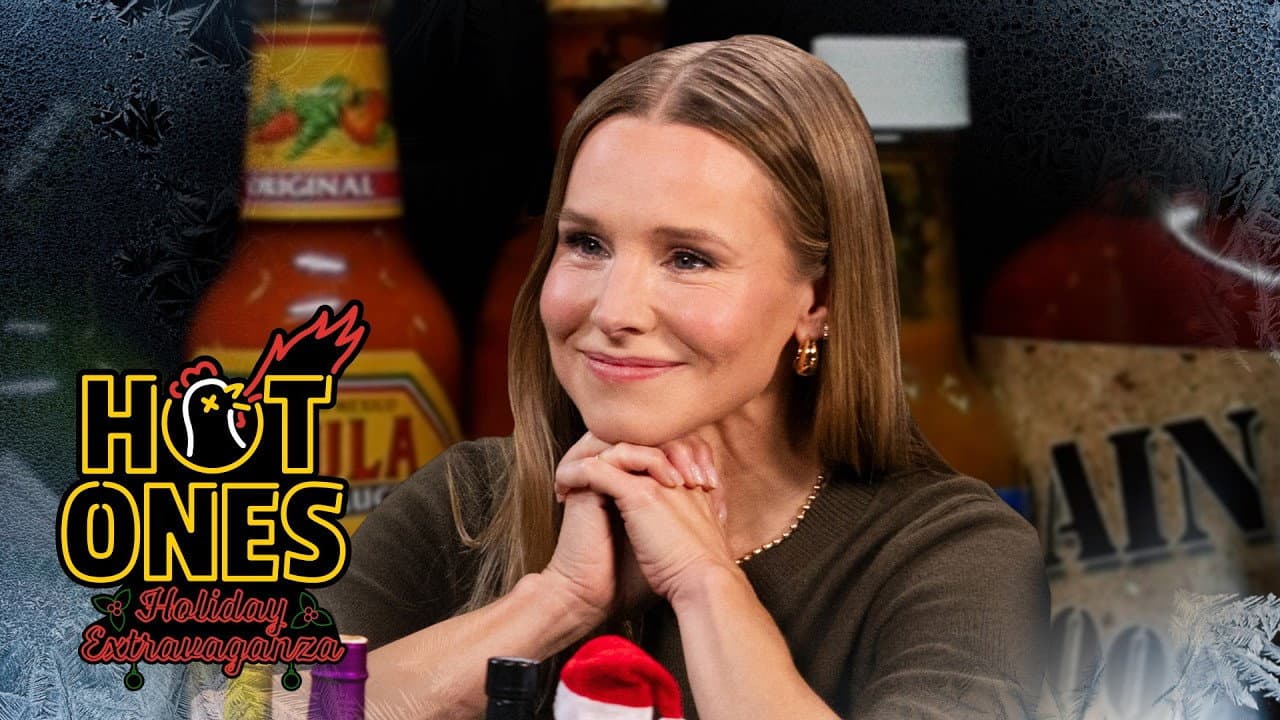 Still from Kristen Bell Gets Festive on the Hot Ones Holiday Extravaganza