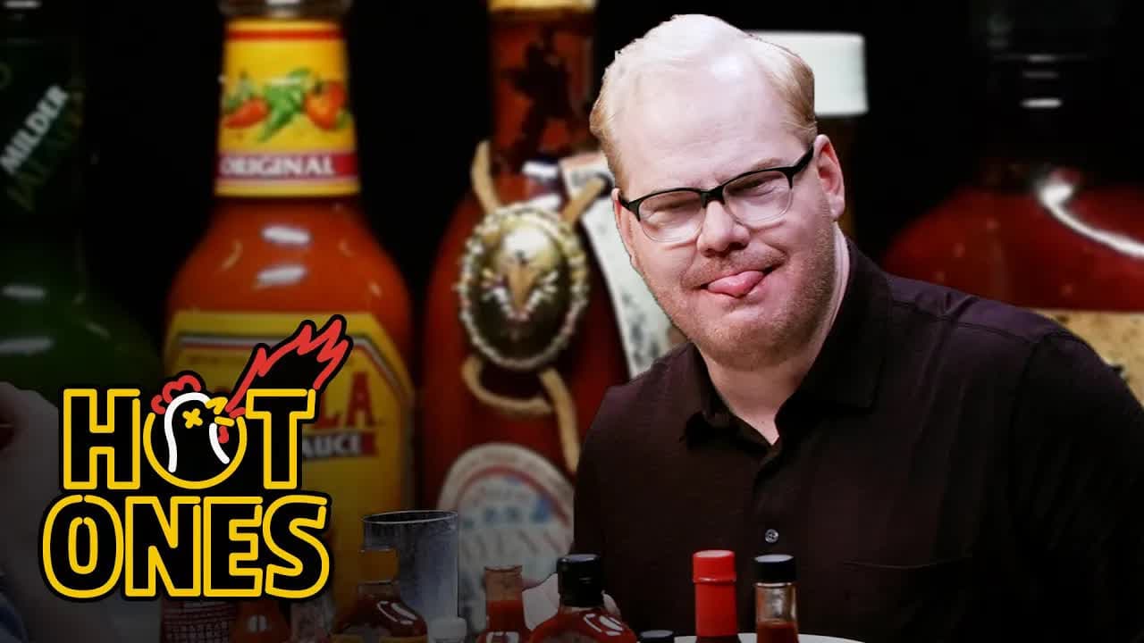 Still from Jim Gaffigan Rediscovers His Flop Sweat Eating Spicy Wings