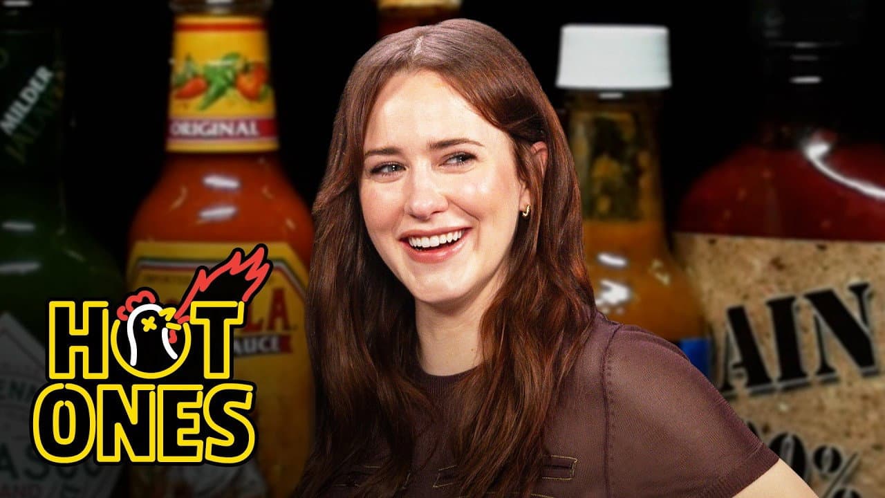 Still from Rachel Brosnahan Flies Through The Air While Eating Spicy Wings