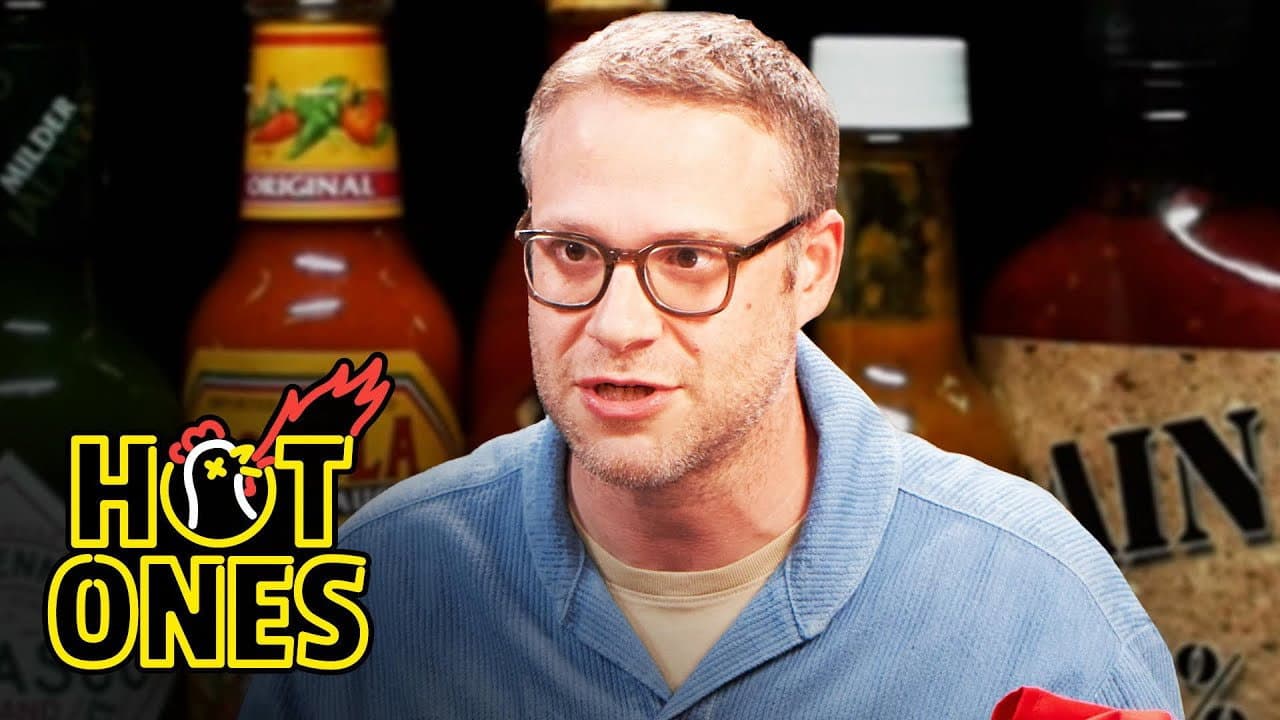Still from Seth Rogen Scorches His Tongue While Eating Spicy Wings