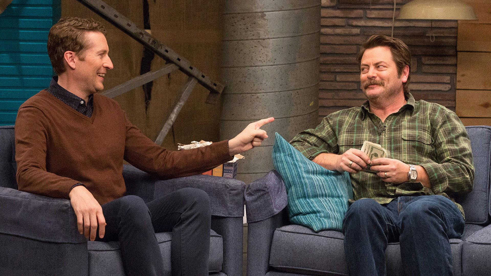 Still from Nick Offerman Wears a Green Flannel Shirt & Brown Boots