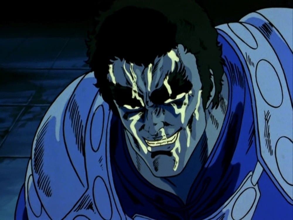 Still from An Explosion of Secret Techniques! Beyond Hatred is the Fate for the Brothers of the North Star.