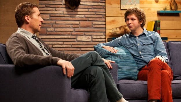 Still from Michael Cera Wears a Blue Denim Shirt & Red Pants