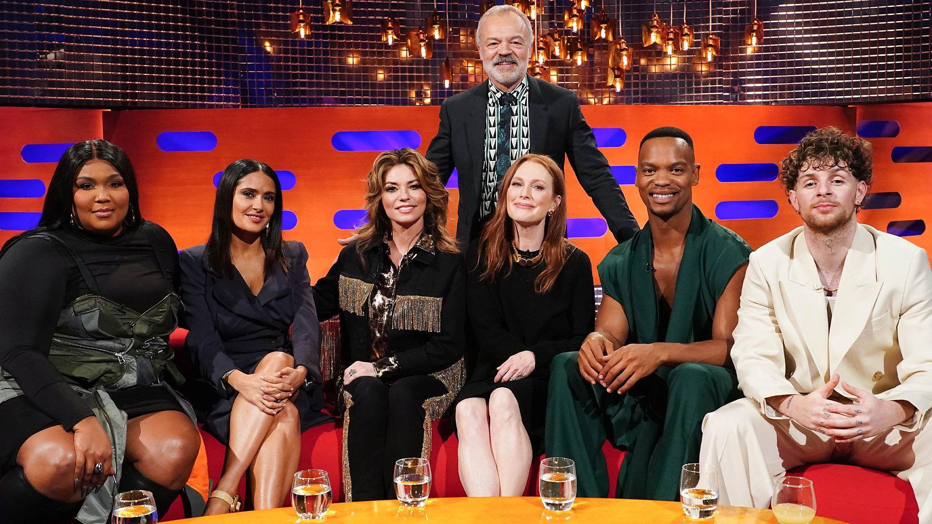Still from Salma Hayek Pinault, Shania Twain, Julianne Moore, Johannes Radebe, Lizzo and Tom Grennan