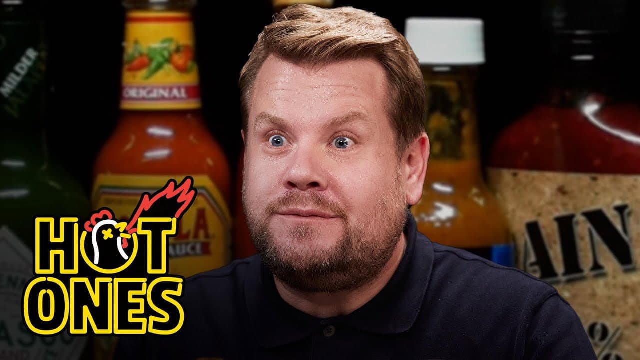 Still from James Corden Experiences Mouth Karma While Eating Spicy Wings