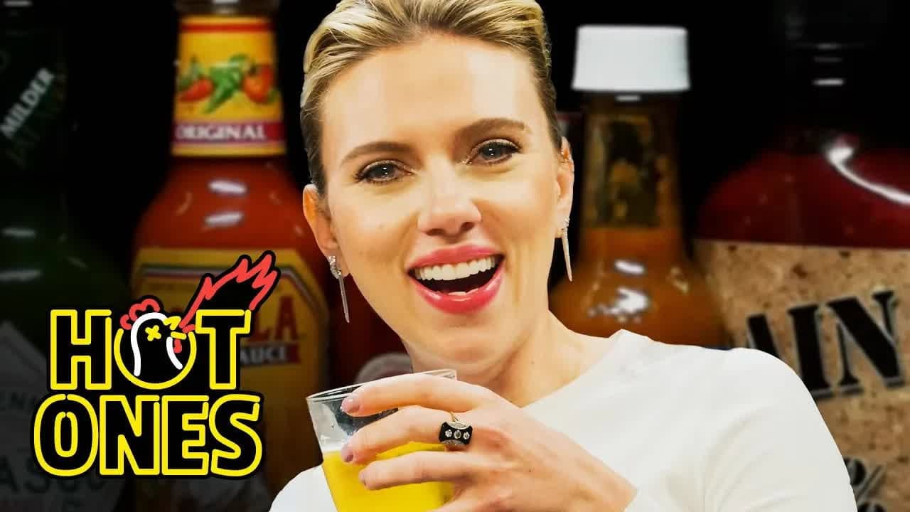 Still from Scarlett Johansson Tries to Not Spoil Avengers While Eating Spicy Wings